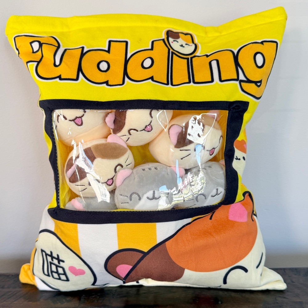 Pudding Cat Kawaii Plush Pillow with 8 Mini Stuffed Kitties Plush Toys